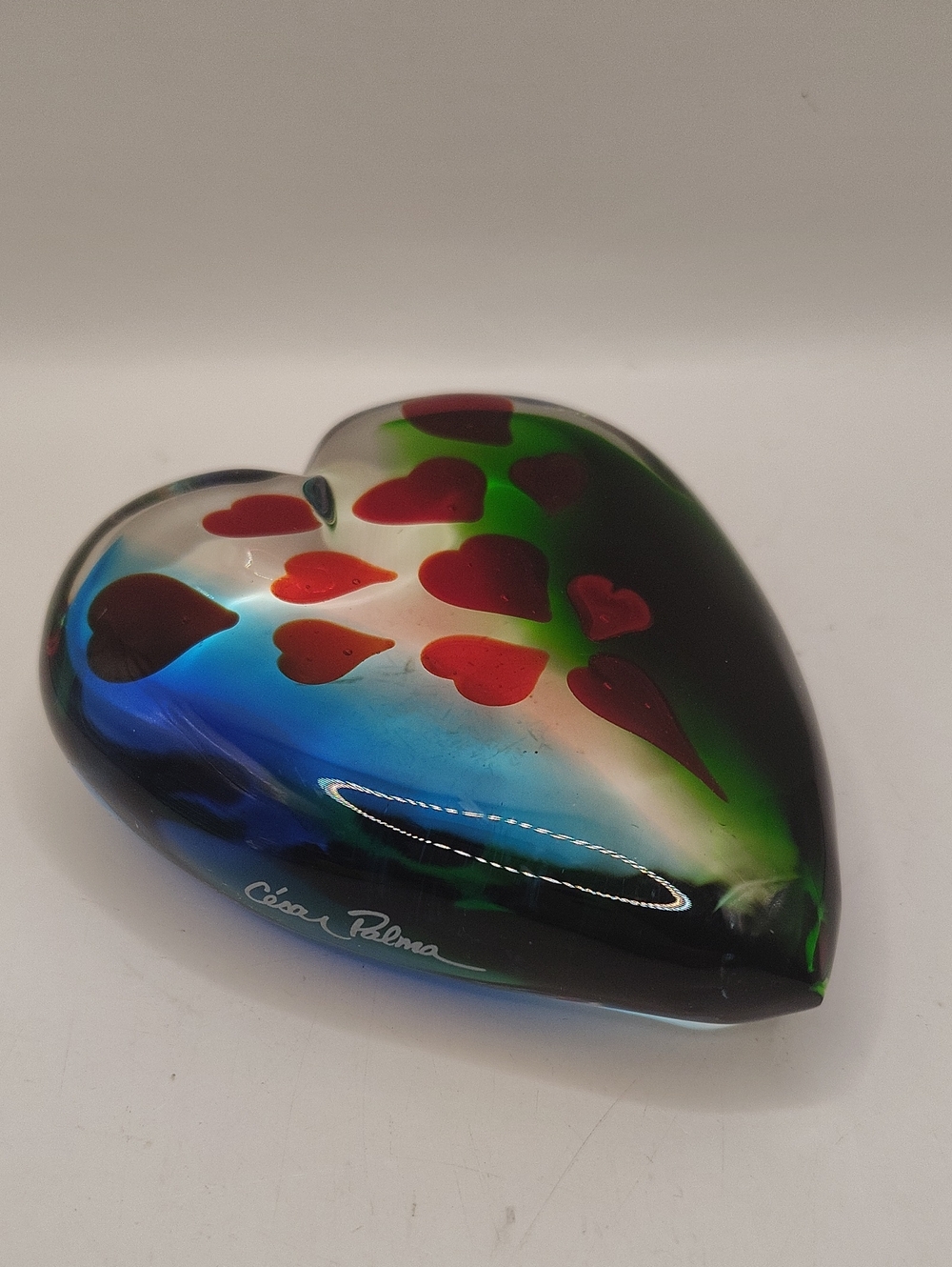 César Palma Signed Glass Paperweight With a Sommerso Technique, Floating Hearts